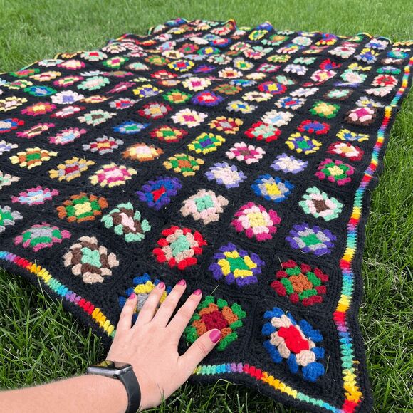 Handmade Crochet Afghan Granny Square Blanket Black Rainbow Edge Retro Boho Thro - Picture 1 of 13
